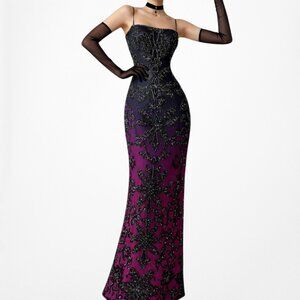 Vintage Black Purple Pink Silk Ombre Maxi Bodycon Beaded Cocktail Prom Dress L